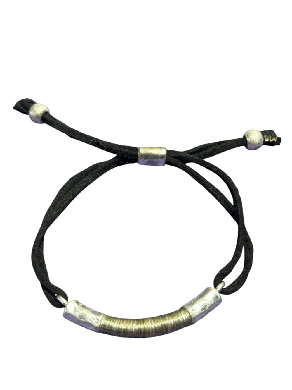 Wire Wrapped Hammered Silvertone Bracelet Adjustable Black Suede Cord